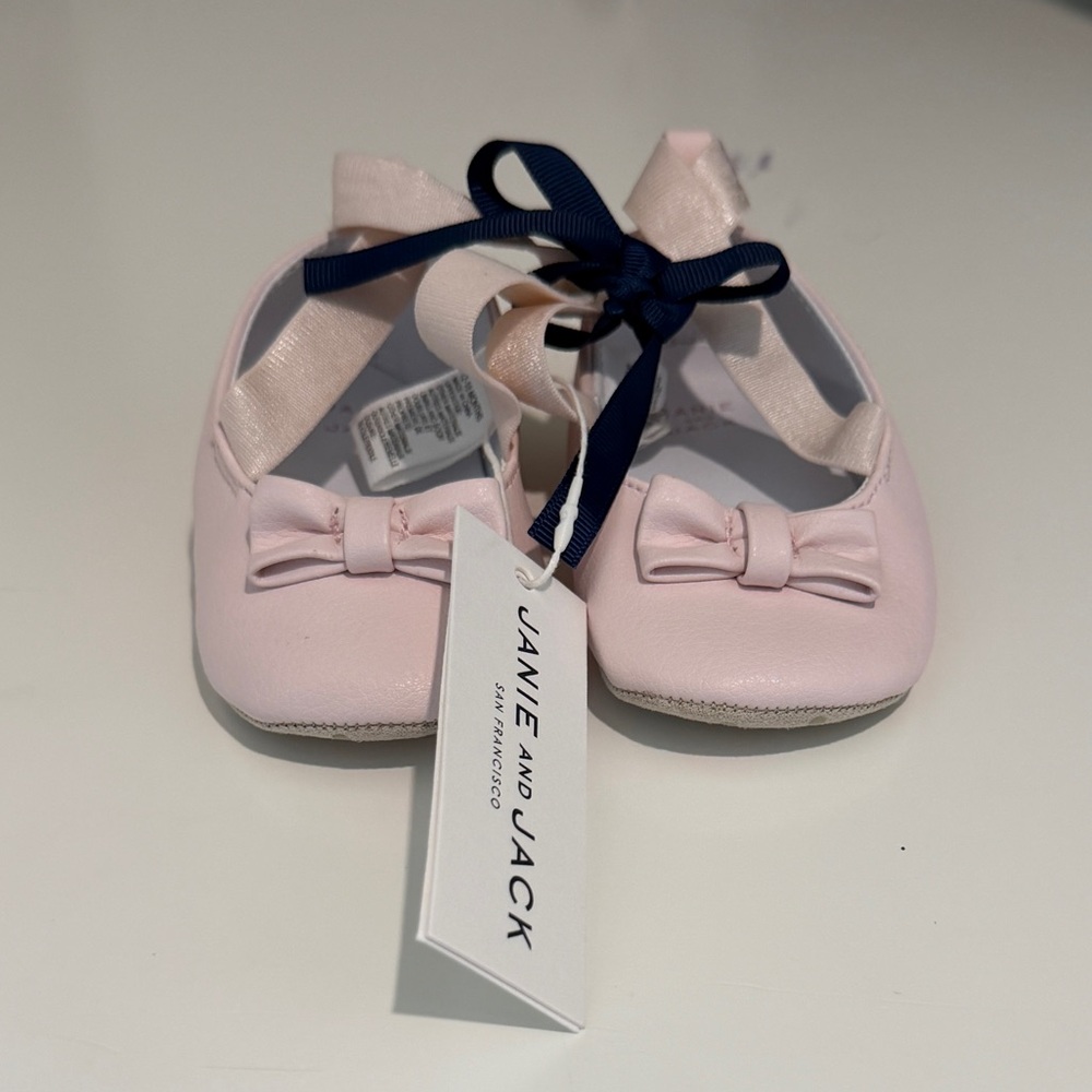 Janie and Jack Light Pink Bow Ballet Flats with Navy Ribbon